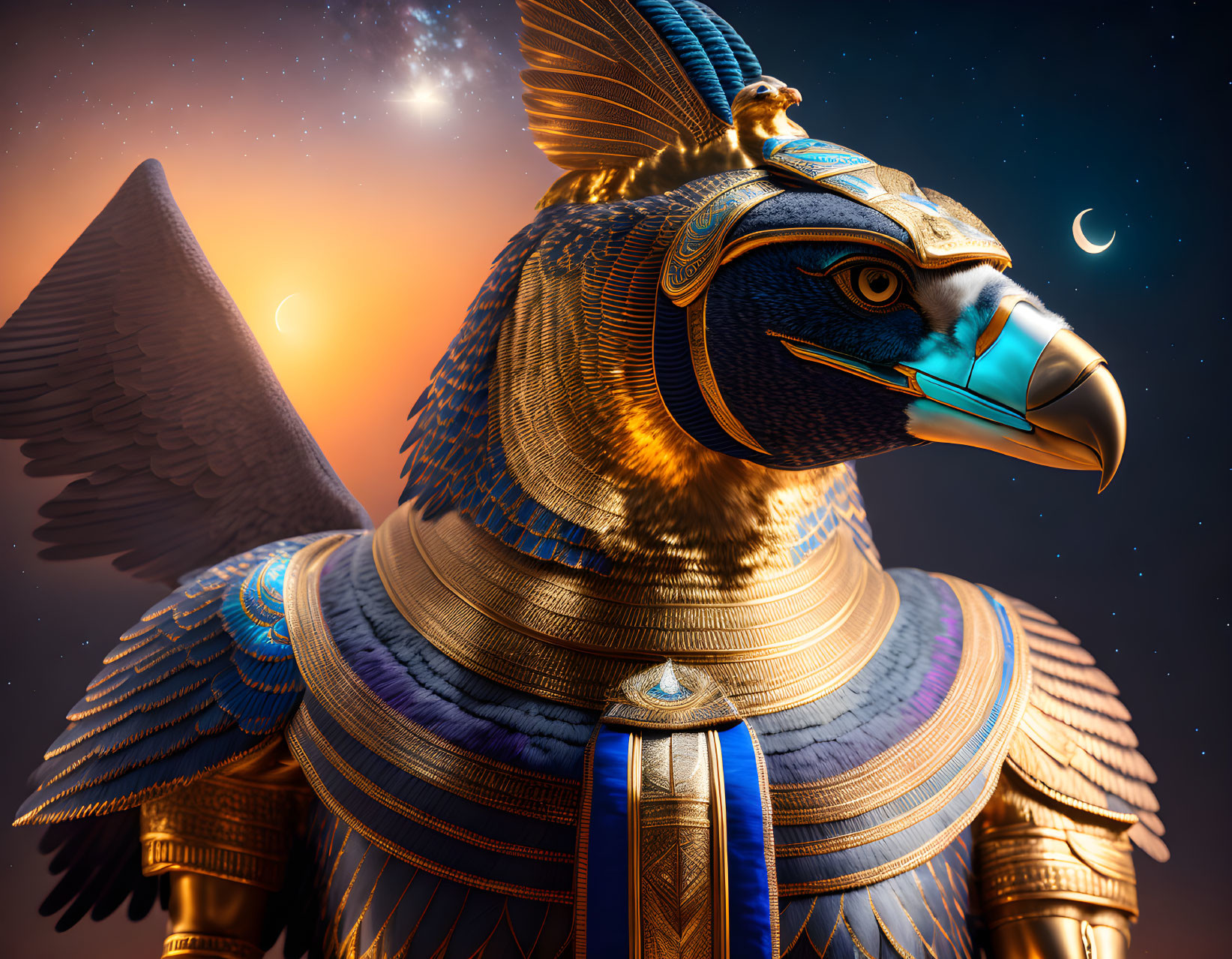 Anthropomorphic Egyptian god in ancient armor with falcon head, pyramids, sun, and moon