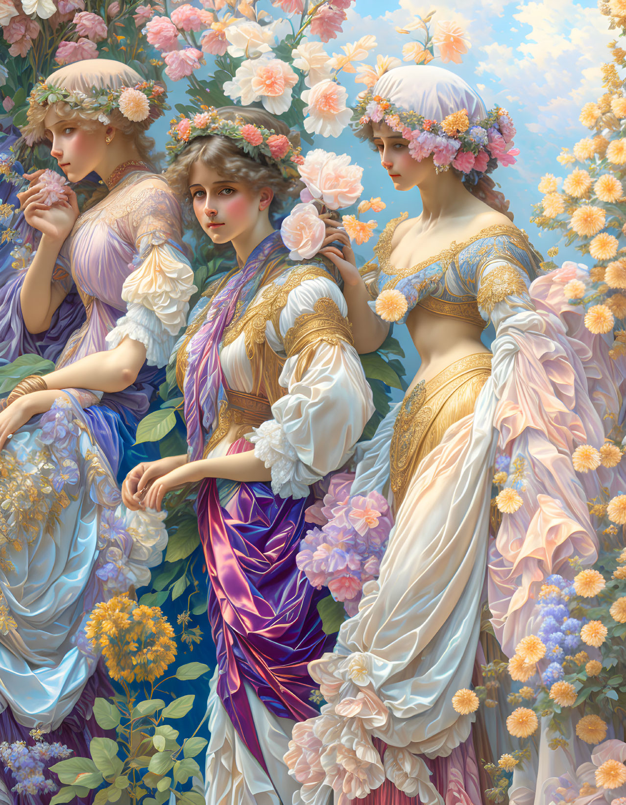 Three women in floral dresses against intricate floral backdrop