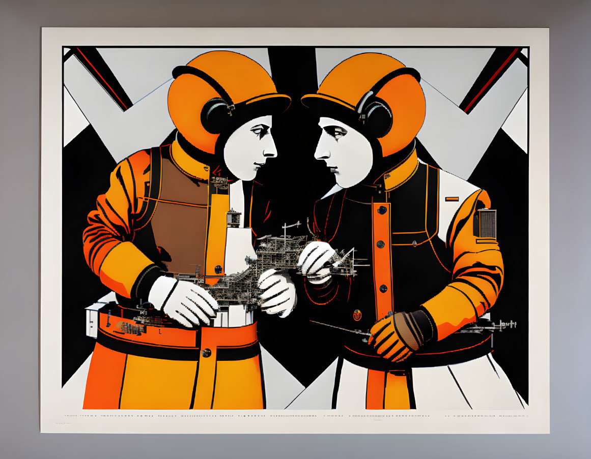 Stylized figures in orange and black attire with helmets holding technical drawing instruments on geometric background