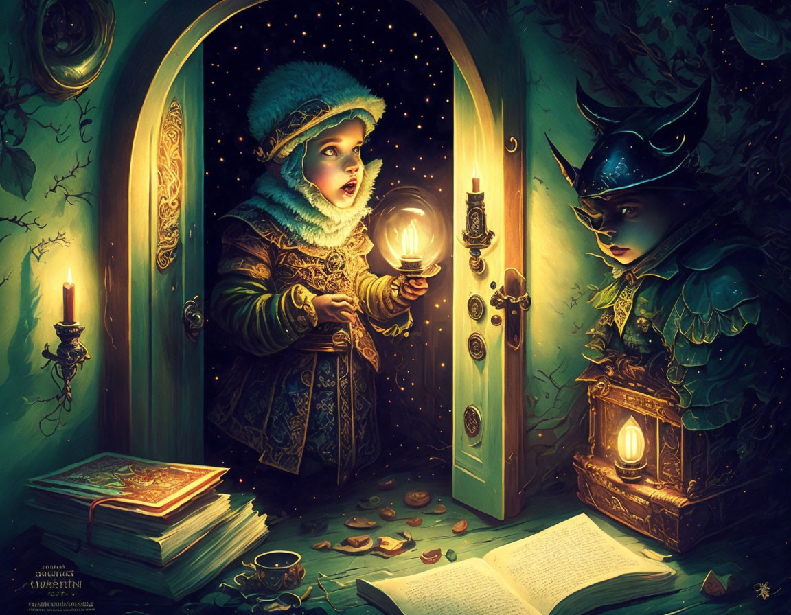 Child in fur-trimmed cloak holds glowing orb next to lantern-bearing creature among coins and books