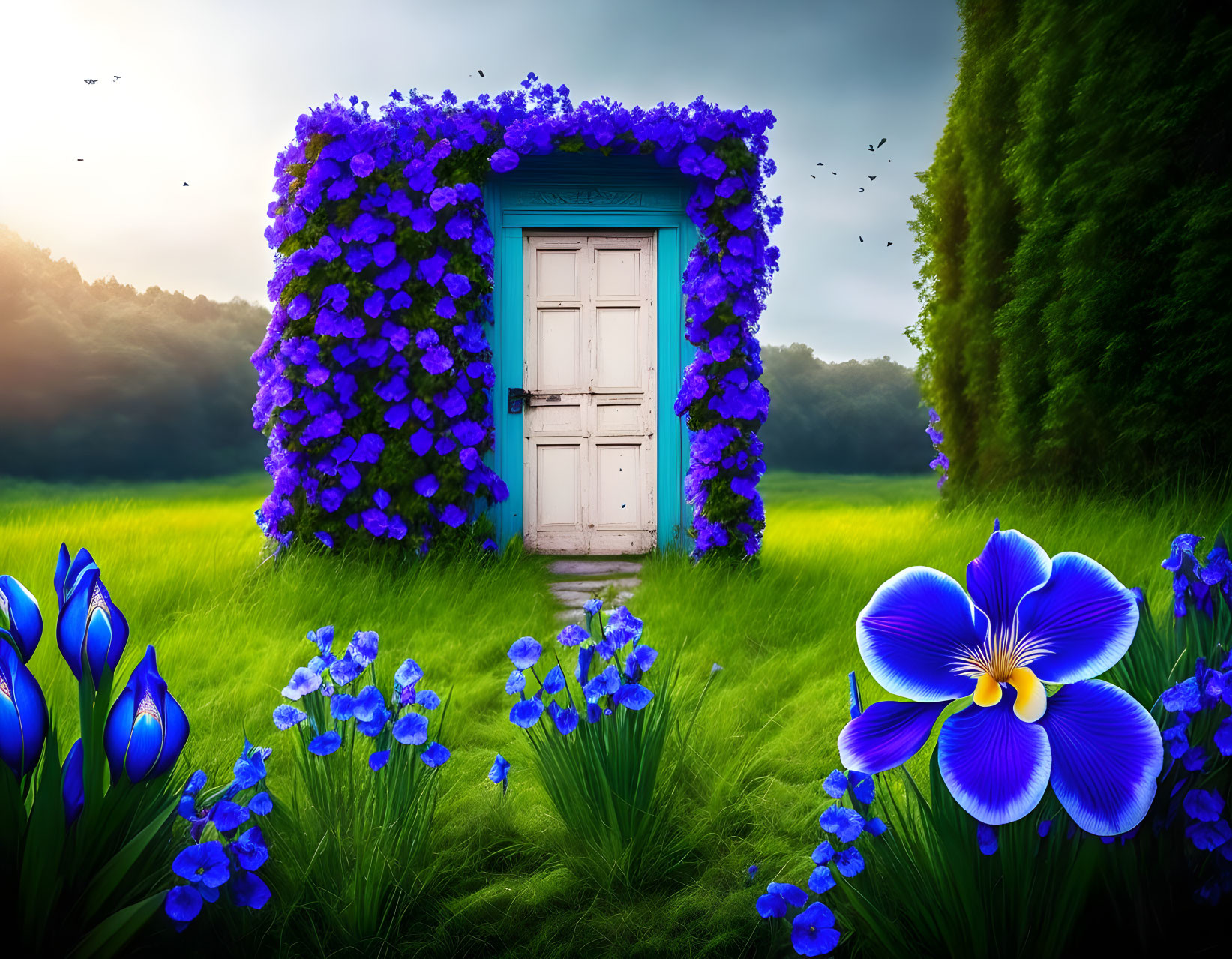 White door in lush meadow with purple flowers and cloudy sky