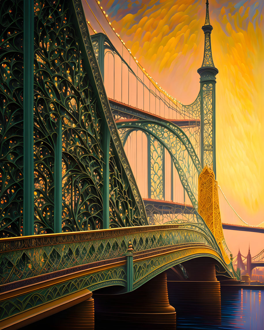 Intricate stylized bridge with soaring tower in vivid sunset sky