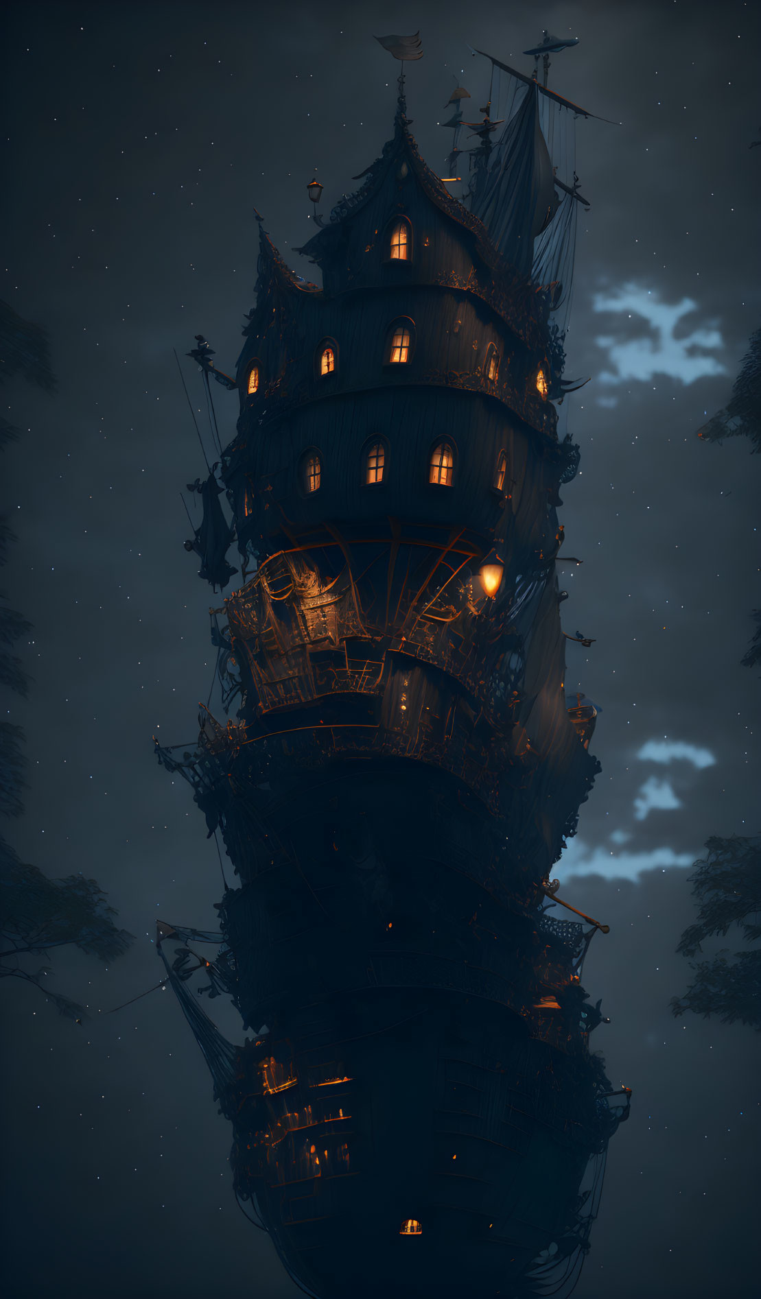 Tall ship-shaped building in forest at night with glowing windows