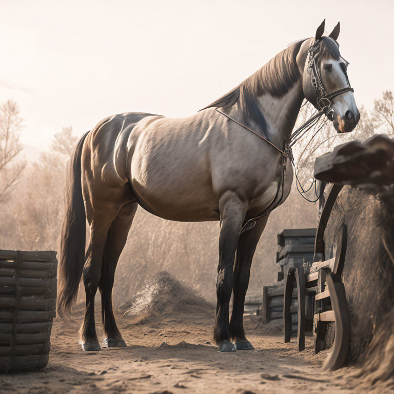 Muscular horse beside wooden cart in soft light, hazy background.