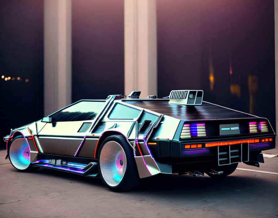 Futuristic Delorean Car with Neon Underglow in Urban Setting