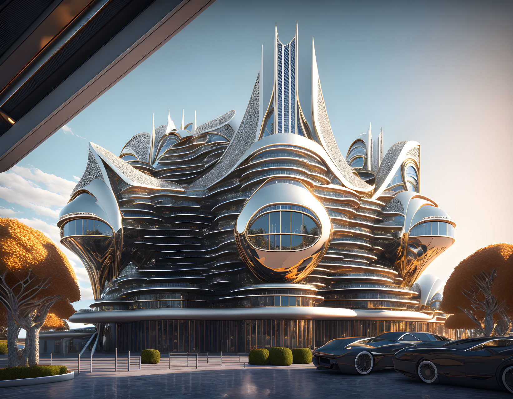 Futuristic building with reflective sphere, surrounded by autumn trees and concept cars