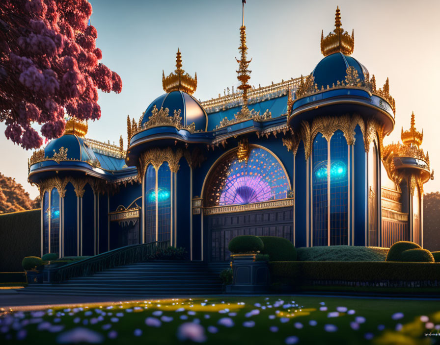 Ethereal glow illuminates ornate building with blue domes and golden accents