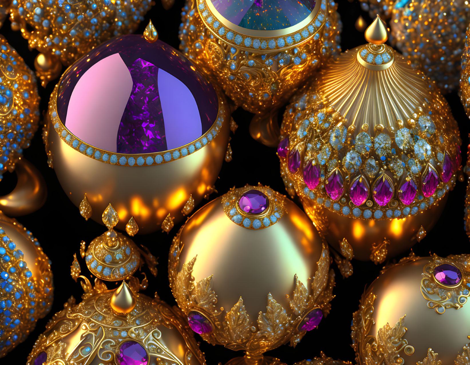 Intricate golden orbs with glowing lights on dark background