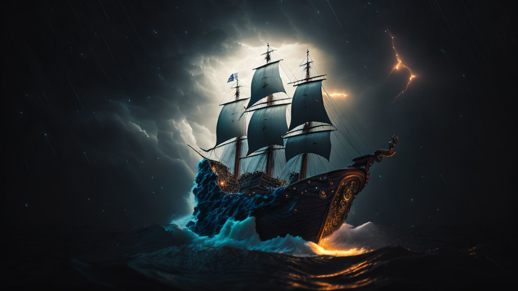 Sailing ship in stormy sea at night with lightning