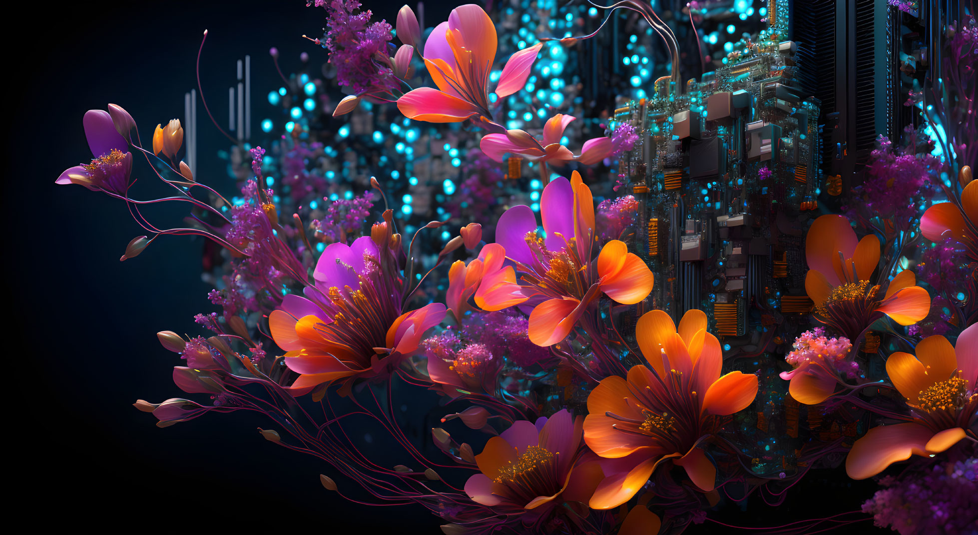 Colorful digital art: orange and pink flowers blend with circuit board on dark backdrop