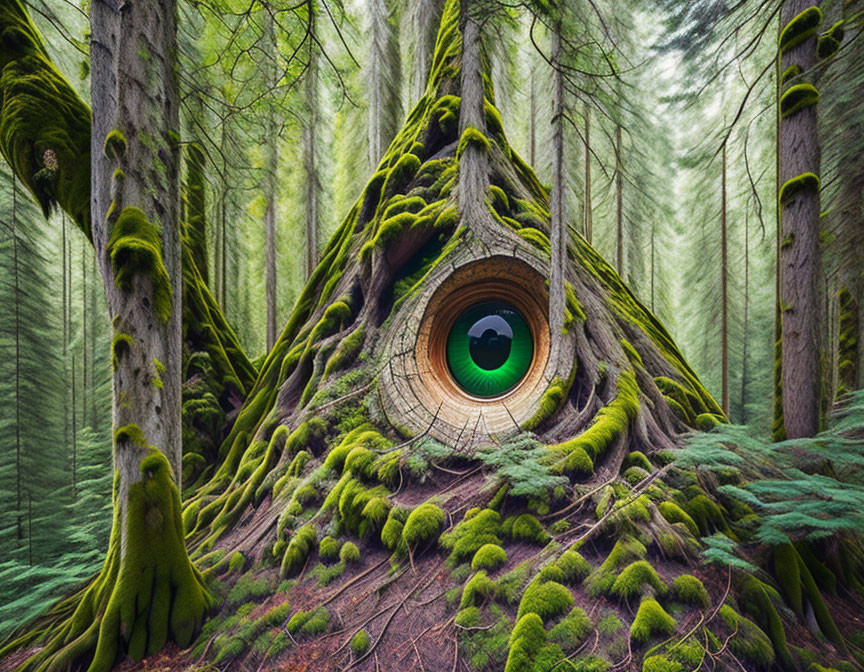 Forest Scene Transformed into Eye Structure Among Moss-Covered Trees