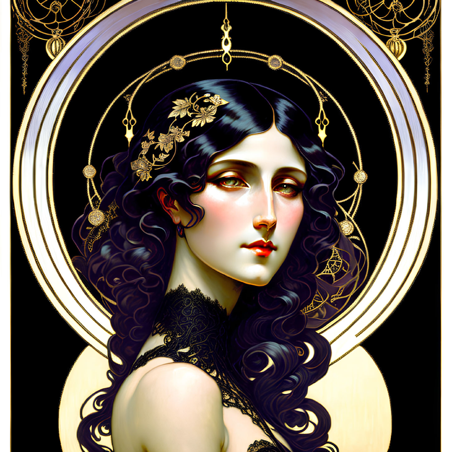 Illustrated portrait of a woman with black hair, pale skin, and dark lips framed by a golden