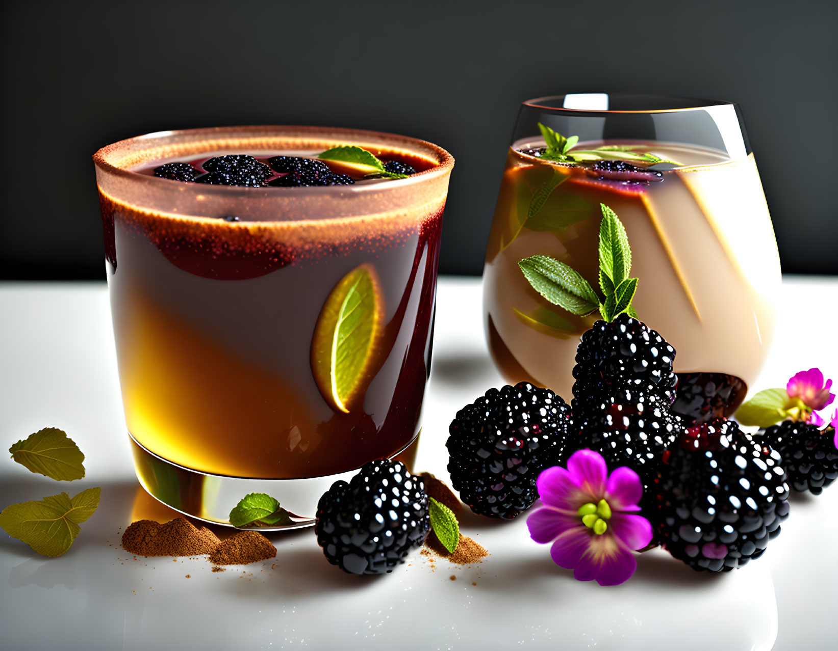 Creamy layered dessert with blackberries and mint leaves on table