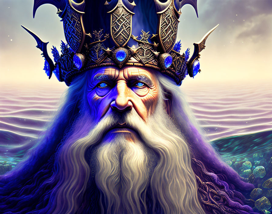 Elderly Bearded King with Crown on Purple Mystic Background