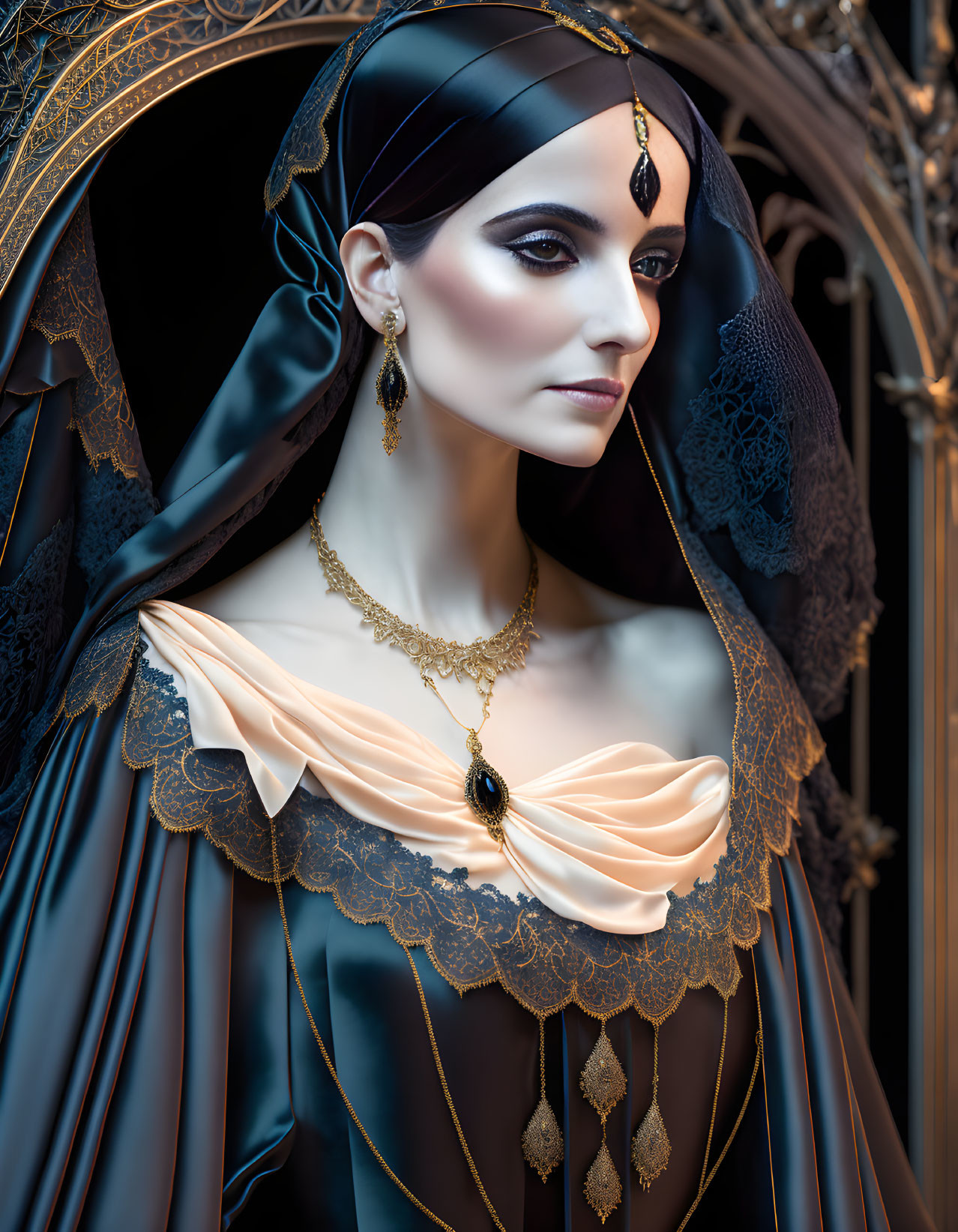 Woman in dark gothic dress with gold jewelry on patterned backdrop