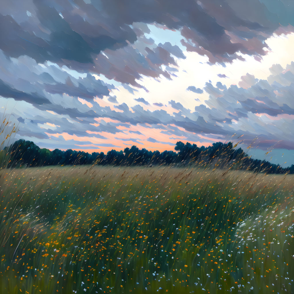 Wildflower meadow painting: vibrant colors, dramatic cloudy sky at dusk