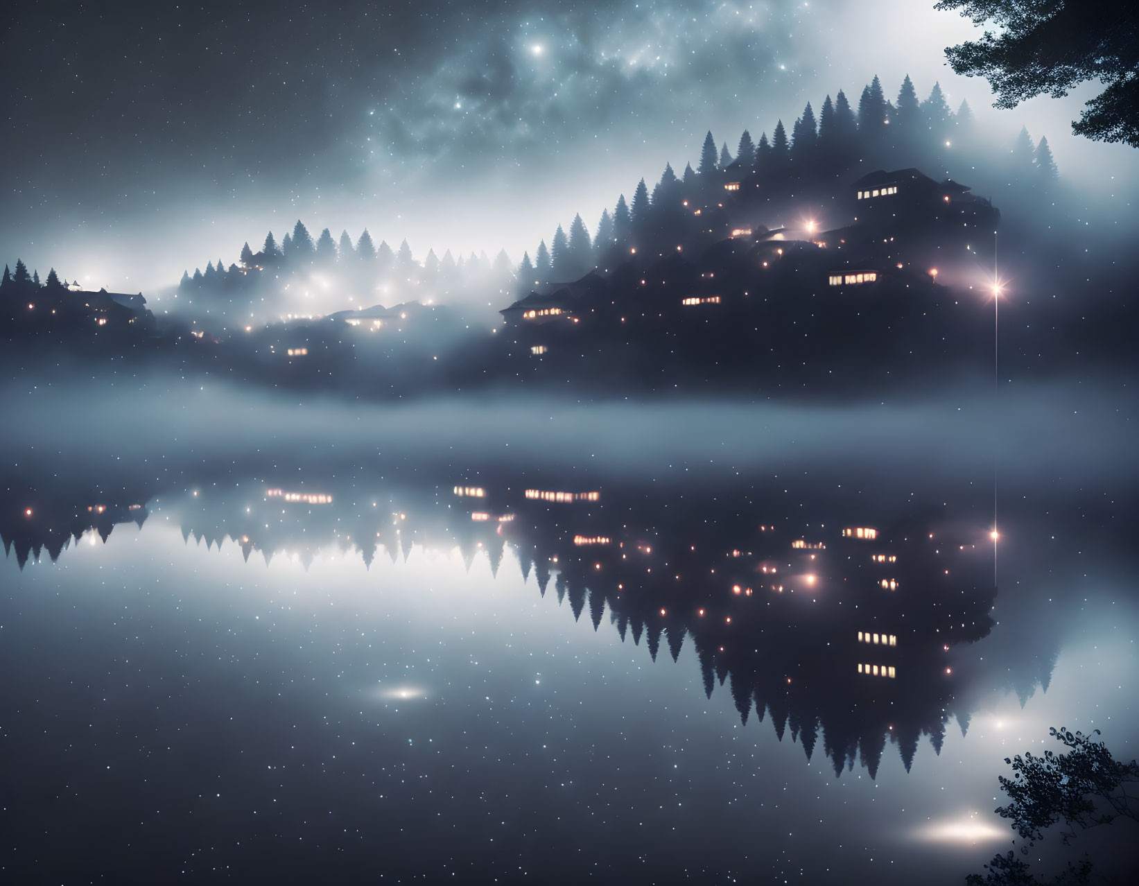 Night-time landscape: illuminated hillside houses, calm lake, mystical fog, starry sky