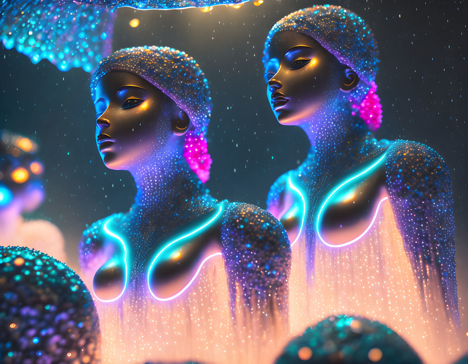 Surreal illuminated figures with neon lighting and glowing dots in cosmic setting