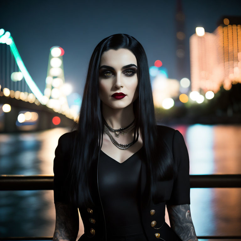 Dark-haired woman in black outfit with tattoos in city lights at night