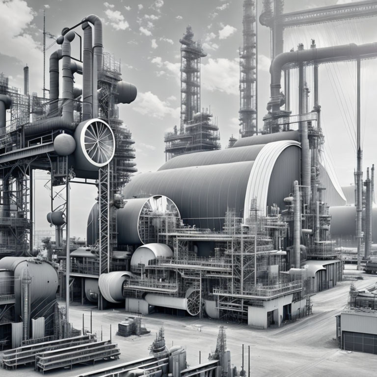 Monochromatic industrial complex with pipes and tanks under cloudy sky