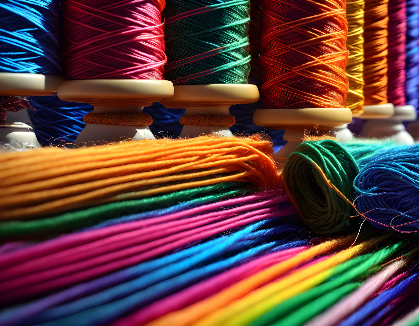 Vibrant Spools of Colorful Threads in Blue, Orange, Pink, and Green