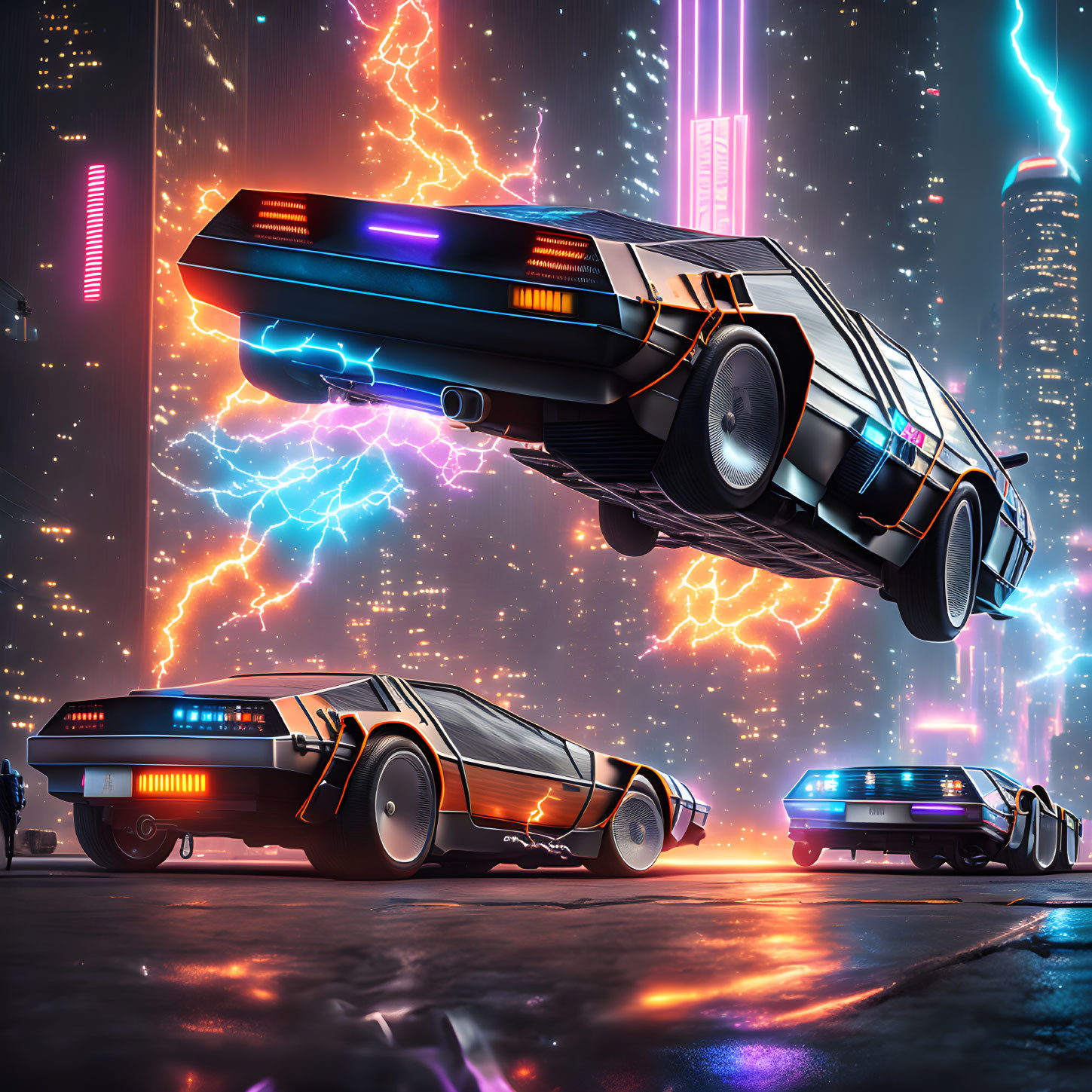 Neon-highlighted flying cars over glowing city street at night