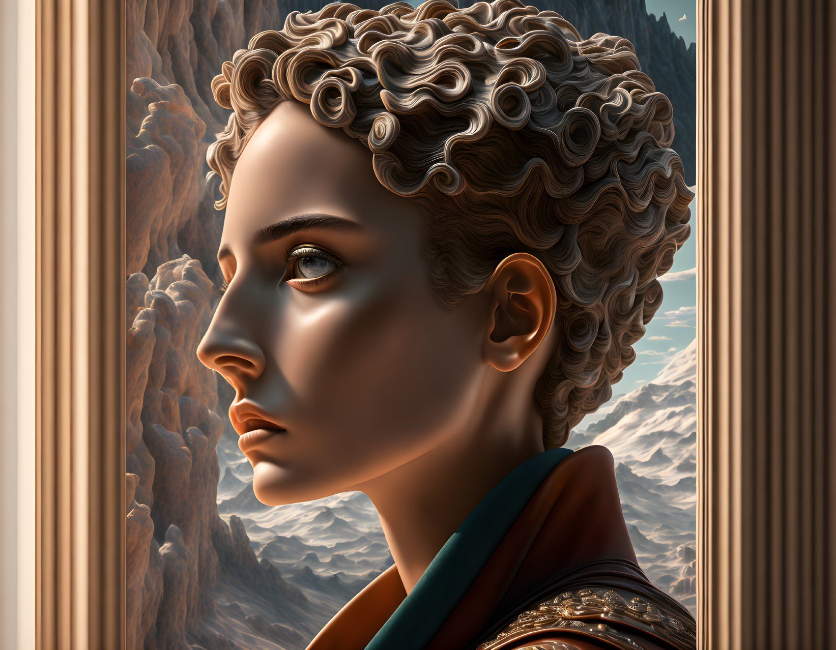 Curly-haired person in digital portrait against mountain backdrop with classical architecture.