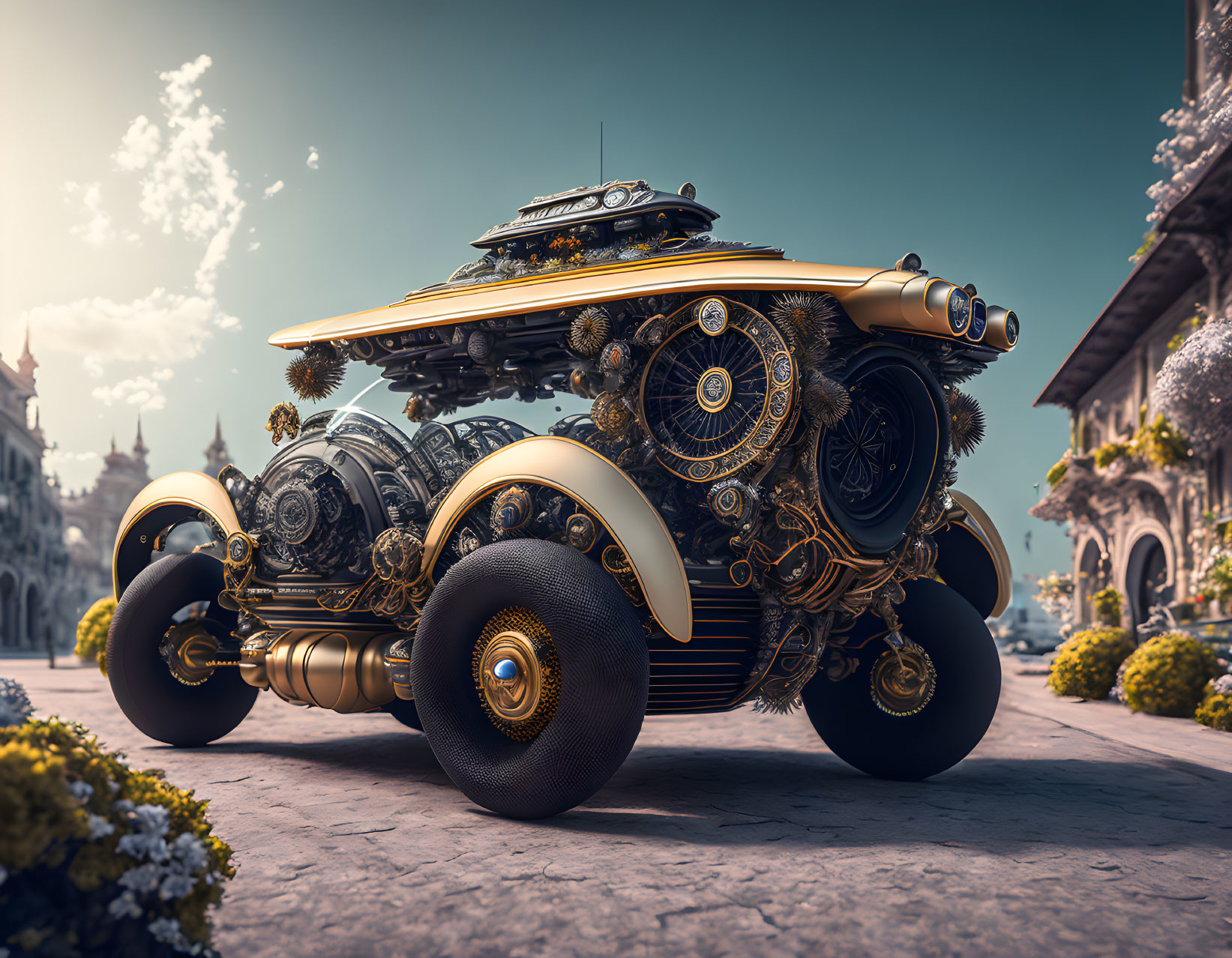 Fantasy steampunk vehicle with gears on cobblestone street.