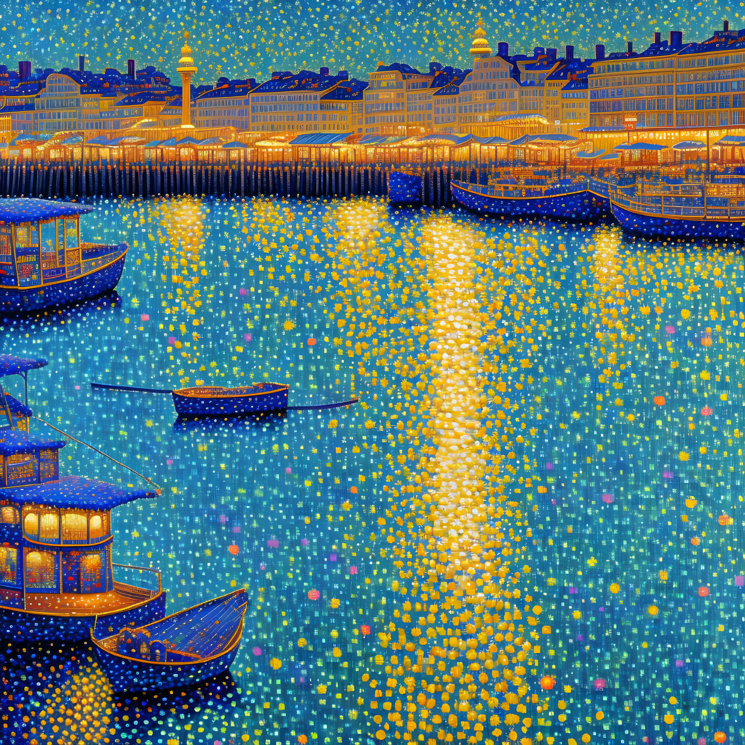 Vibrant pointillist painting of a bustling harbor at night