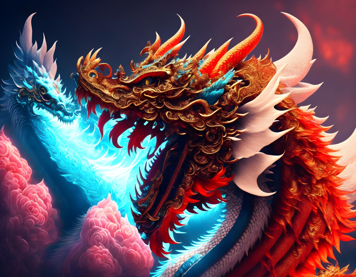 Vibrant ornate dragons in blue and red against dark background with stylized clouds