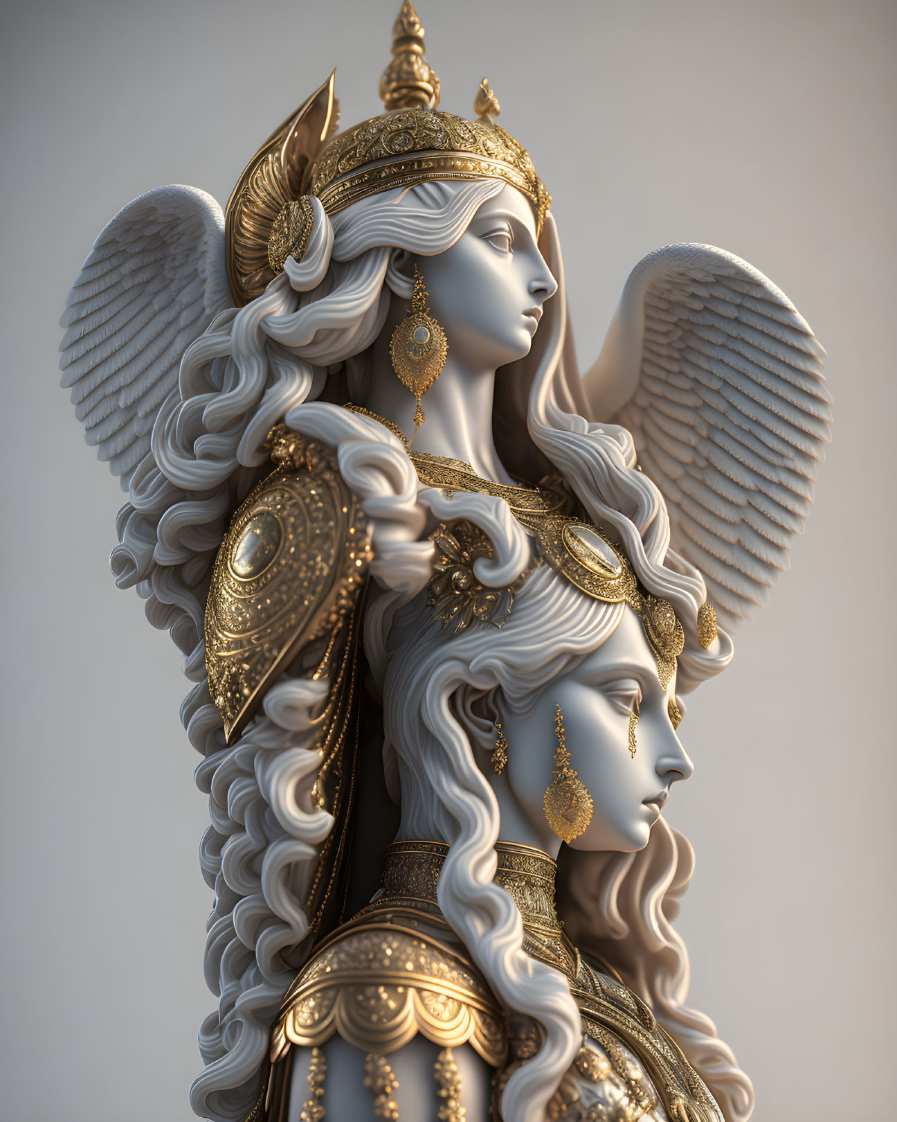 Detailed 3D illustration of angelic figures in golden armor