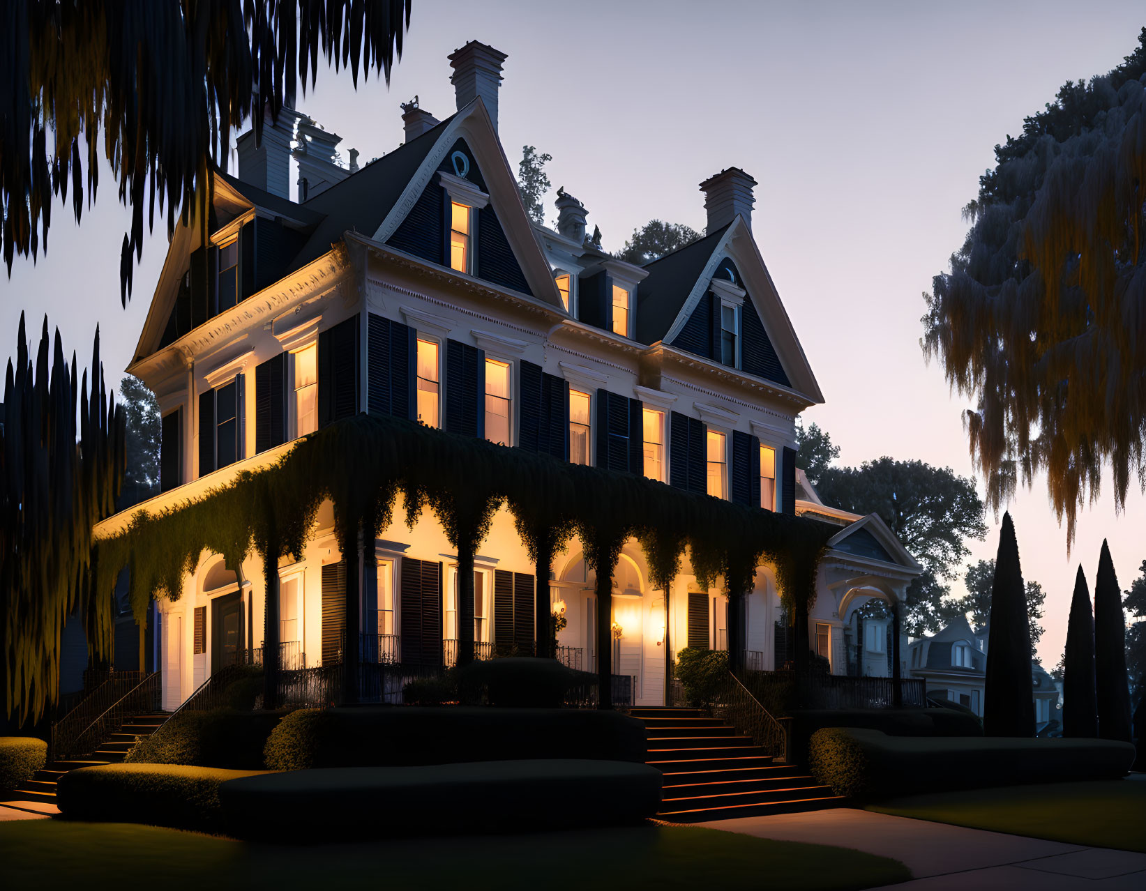 Colonial house with illuminated windows in twilight garden.