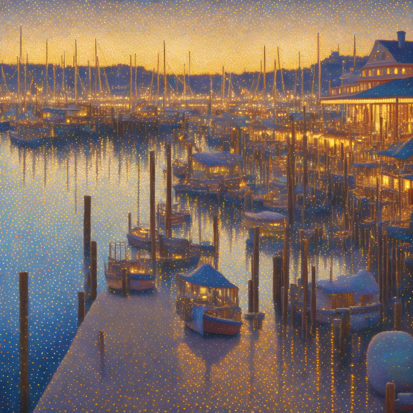 Twilight marina scene with moored boats and warm lights