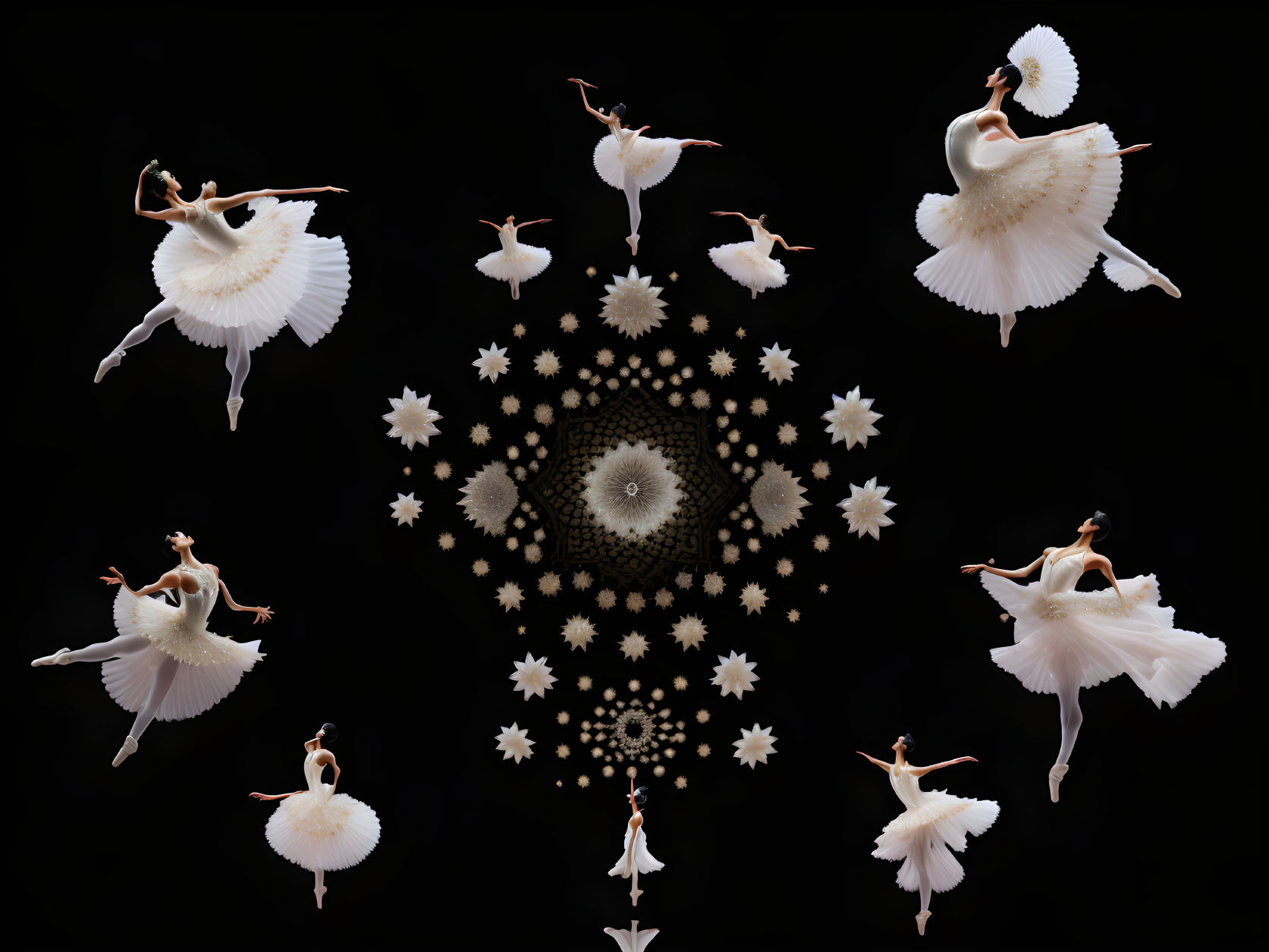 Ballerina in White Costume with Symmetrical Floral Pattern on Black Background