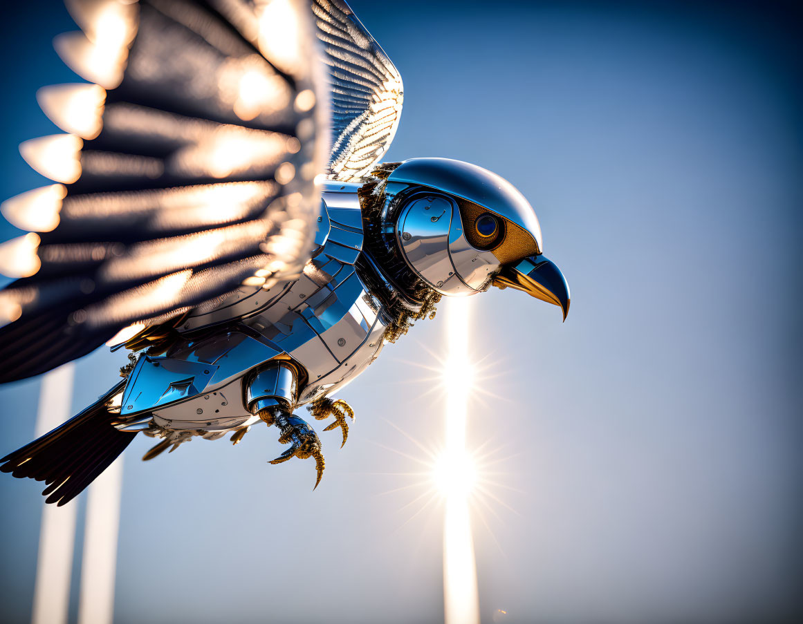 Metallic bird sculpture with outstretched wings in sunlit lens flare