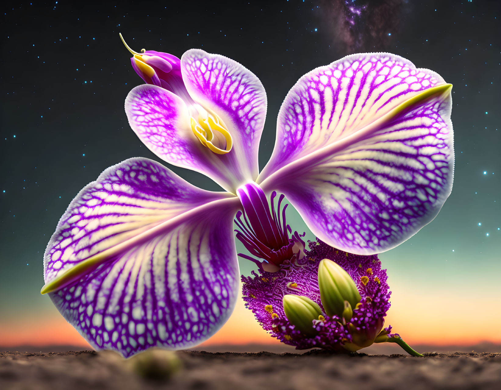 Purple and White Orchid with Starry Sky and Sunset Background