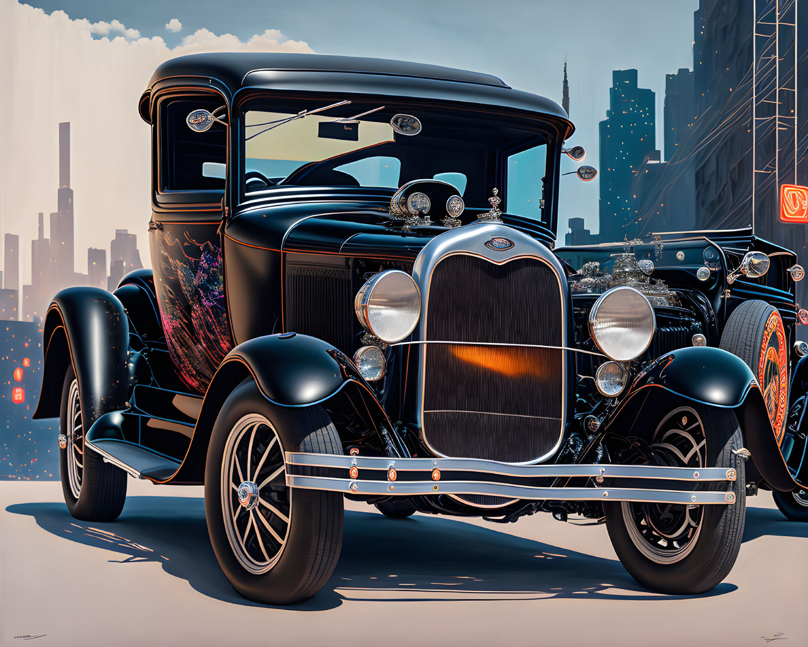 Vintage Black Car with Chrome Details Against City Skyline at Sunset