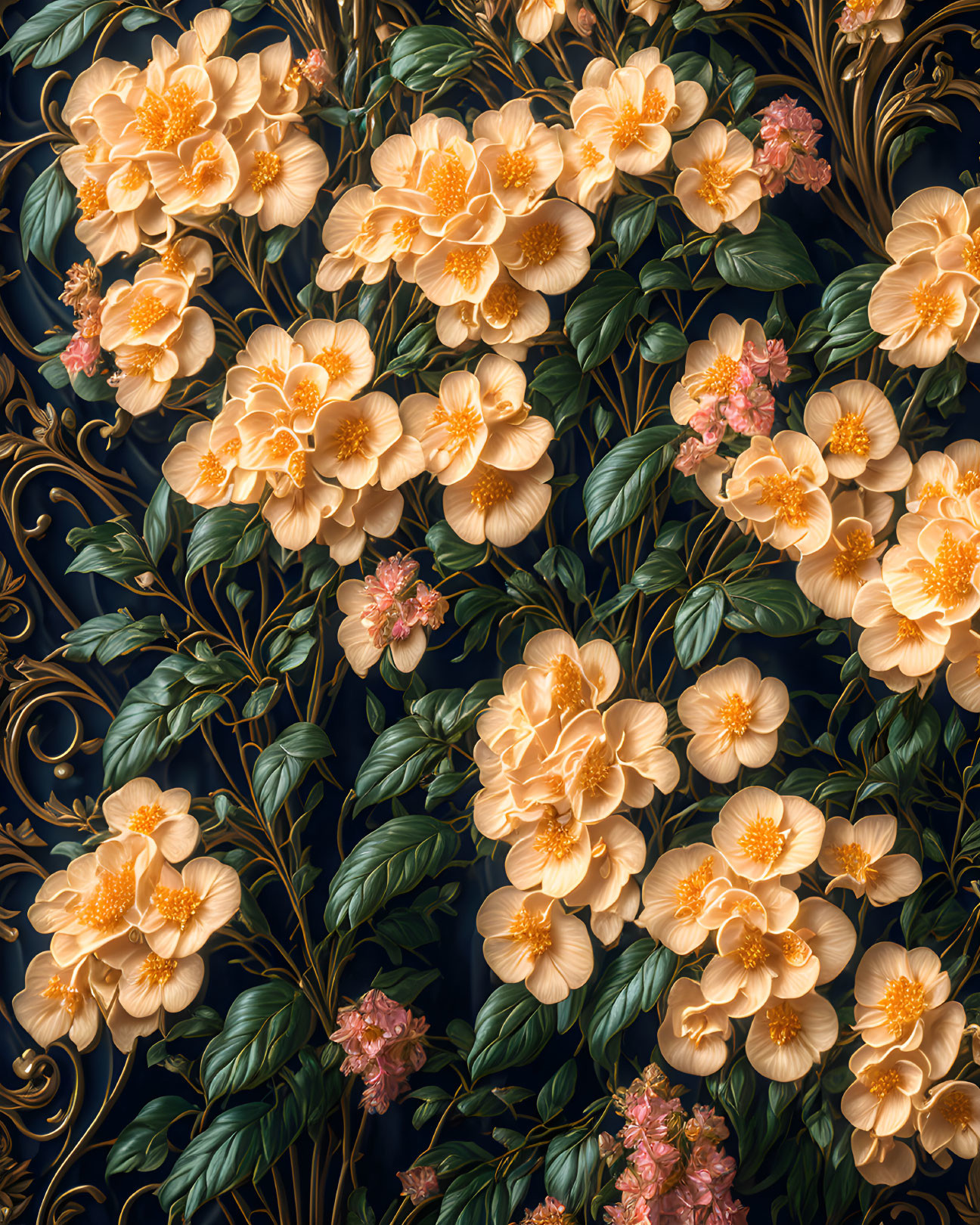 Detailed Floral Pattern with Golden Blooms on Dark Background