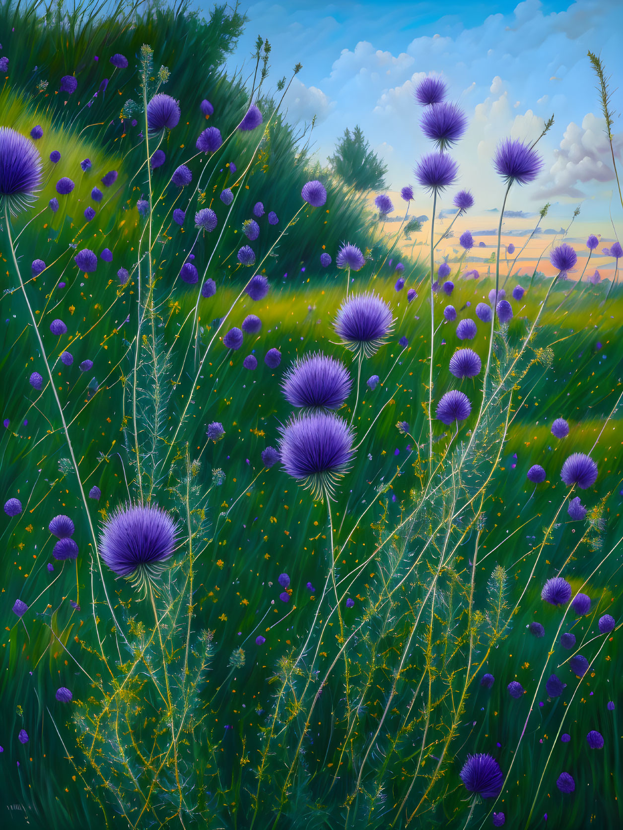 Tranquil meadow scene with purple thistle flowers and green grass under blue sky