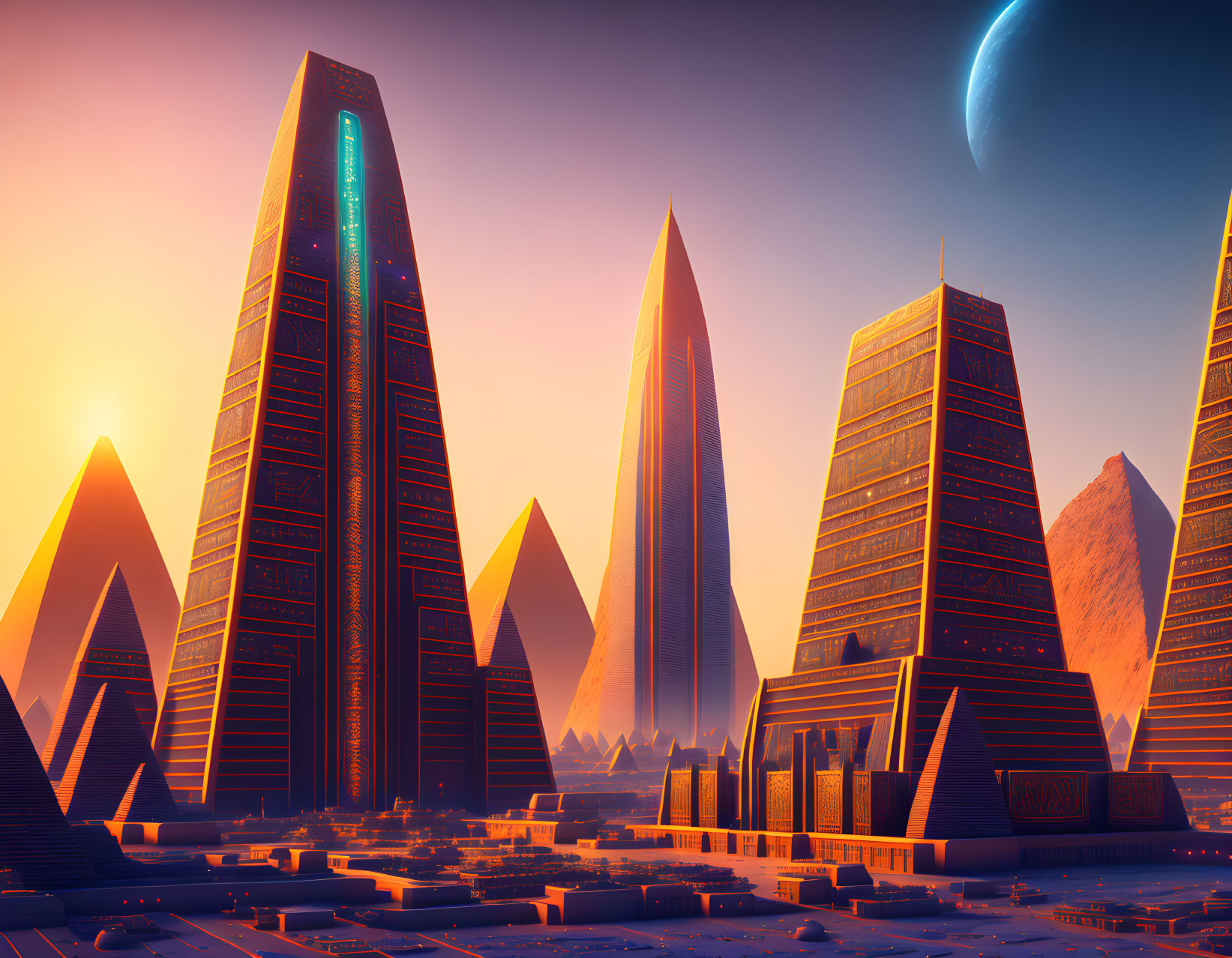 Futuristic city skyline with pyramid skyscrapers and large moon at sunset