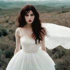 Dark-haired woman in white dress with red lipstick in dramatic field scene