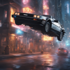 Neon-highlighted flying cars over glowing city street at night