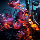 Colorful digital art: orange and pink flowers blend with circuit board on dark backdrop