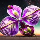 Purple and White Orchid with Starry Sky and Sunset Background