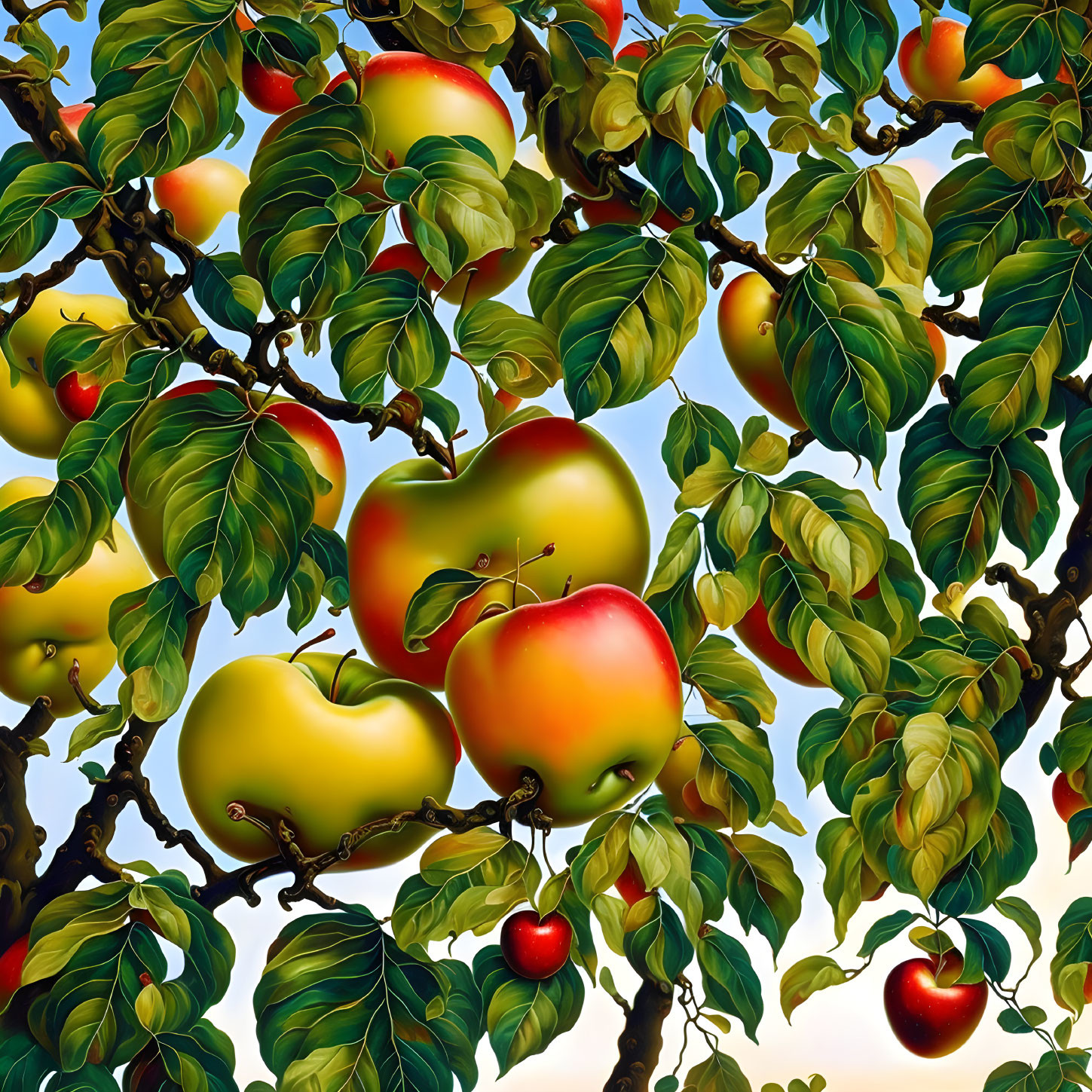 Vibrant apple tree with ripe red and yellow apples against clear sky