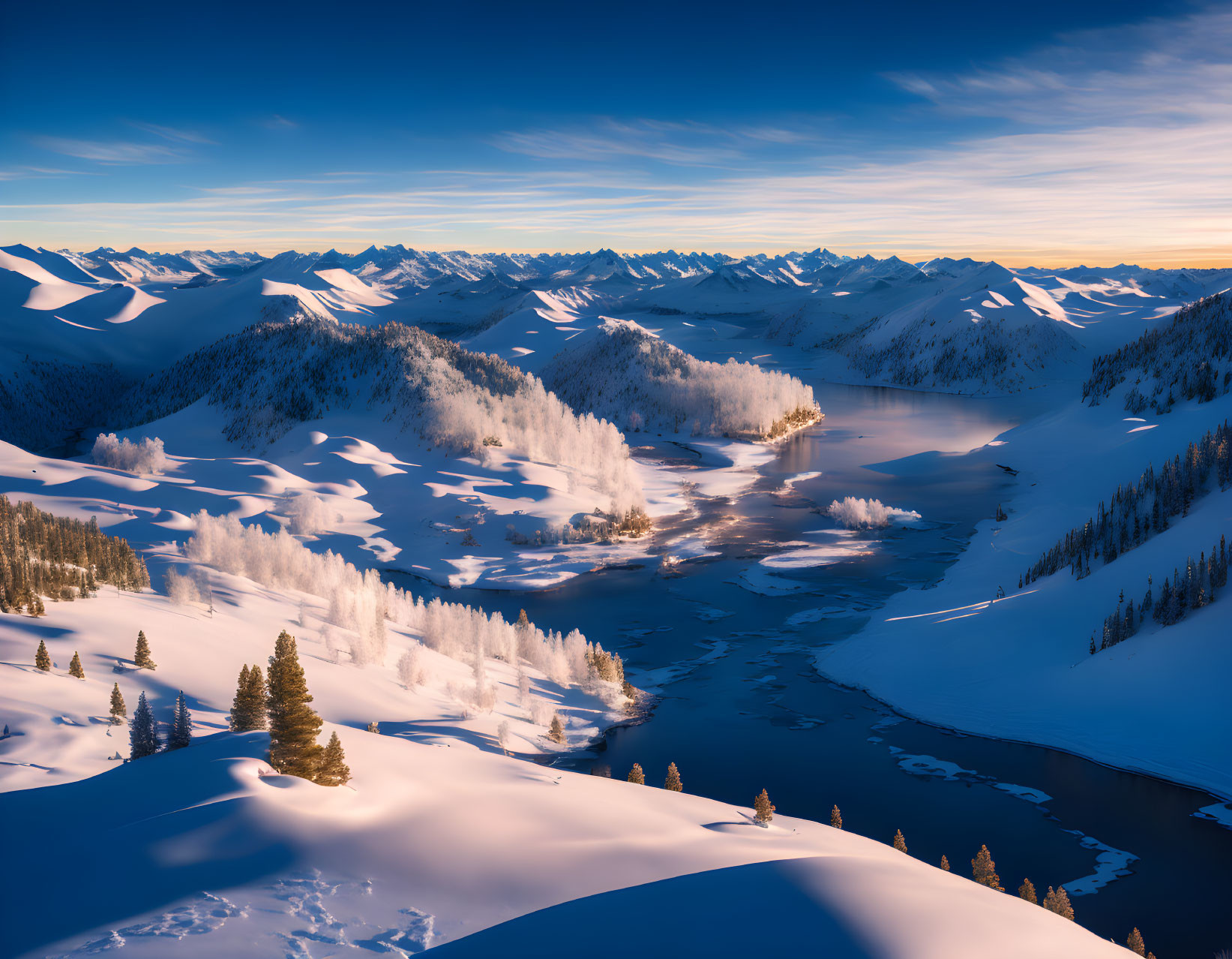 Snow-covered mountains, frozen river, frosted trees in serene winter landscape