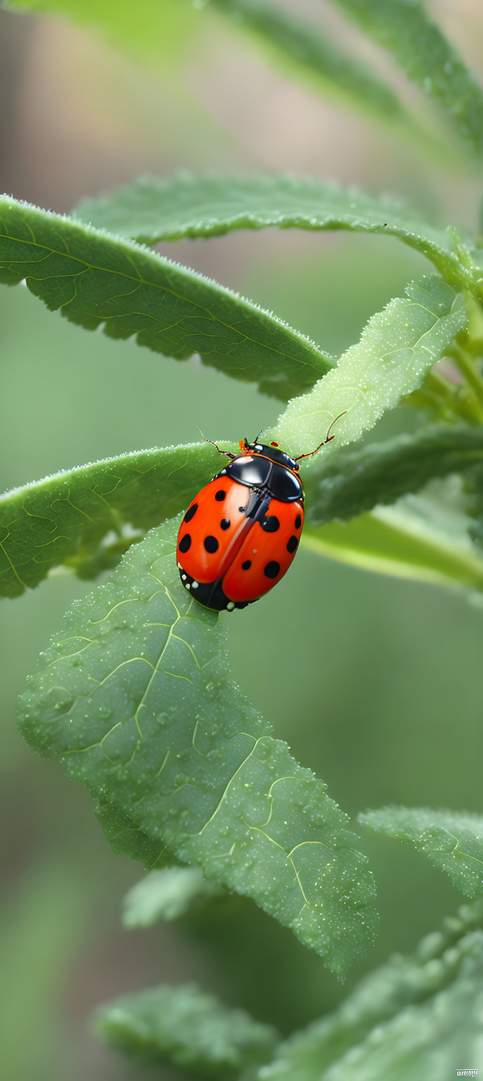 Red ladybug with black spots on green leaf against soft-focused background