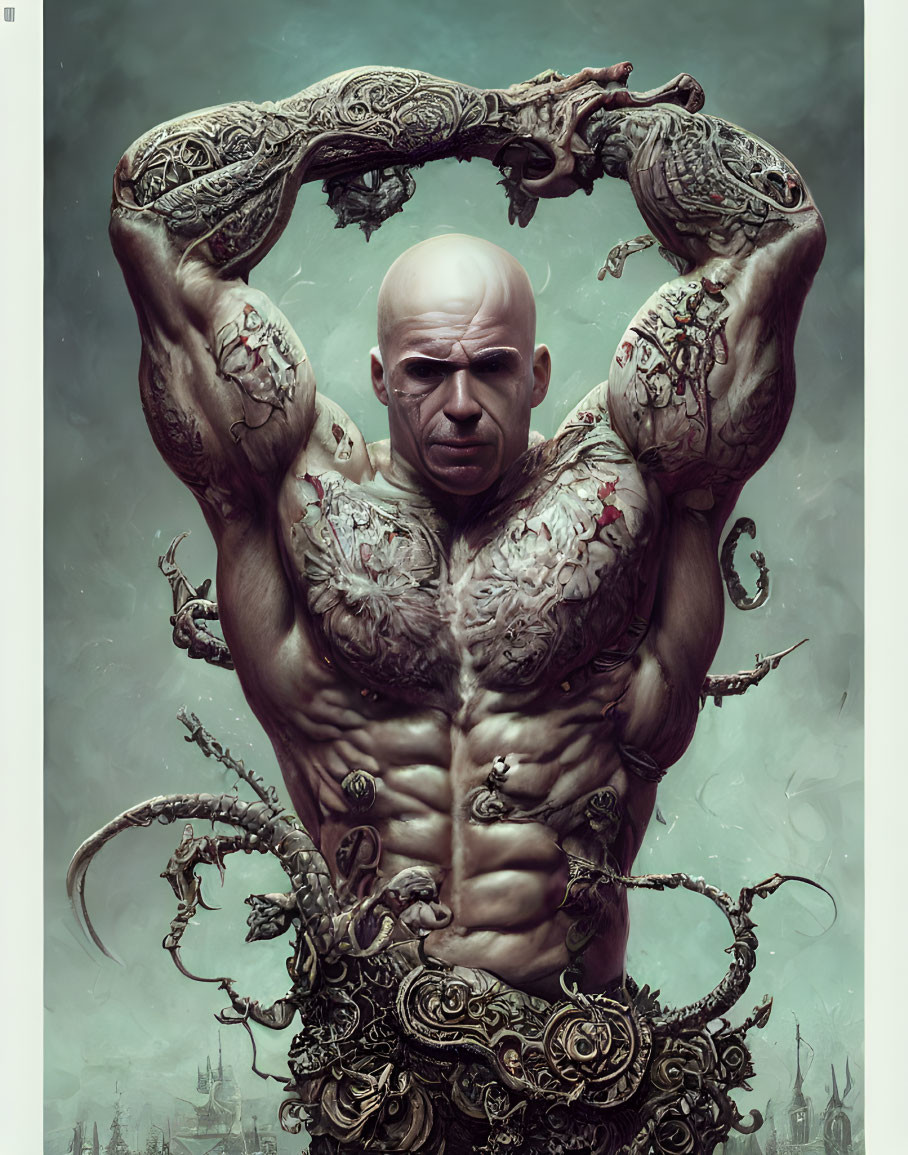 Muscular figure with tattoos in gothic setting and fantasy elements