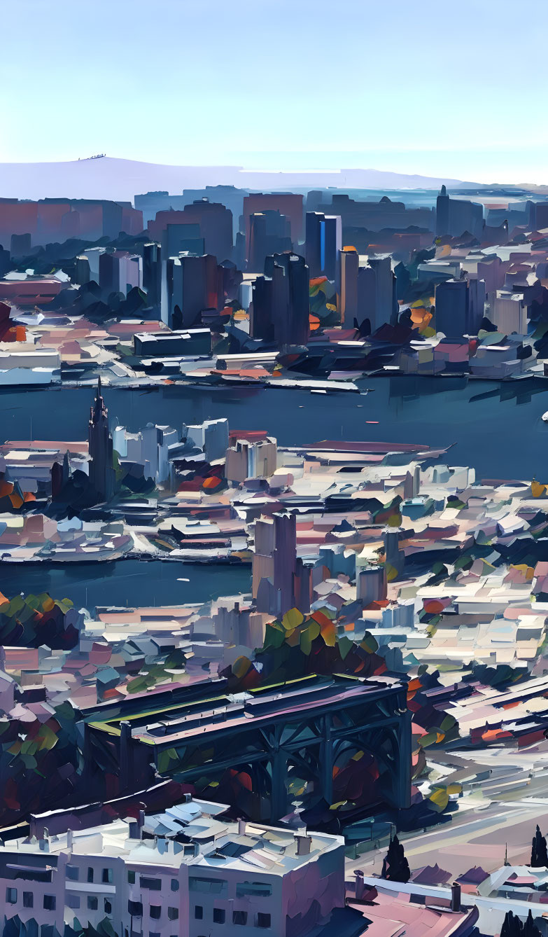 Cityscape digital painting: high-rise buildings, bridge, river, clear sky