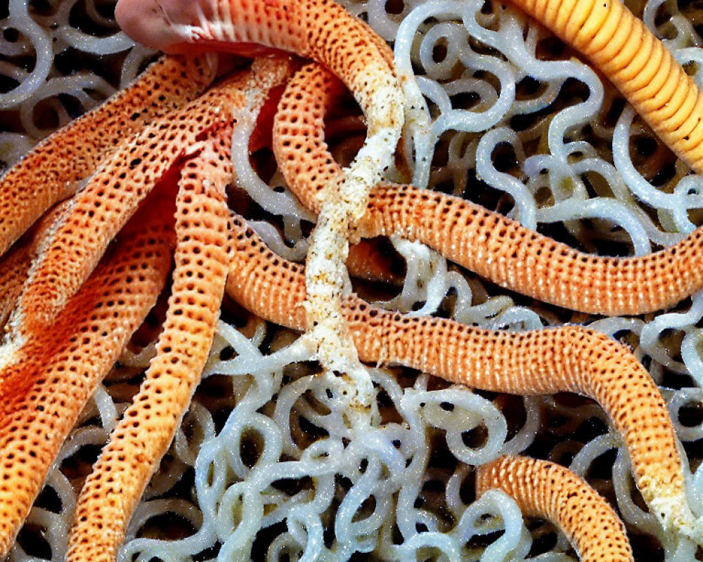 Vibrant orange and yellow starfish on textured coral-like surface